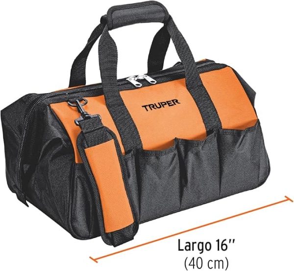 Truper Wide Mouth Tool Bag and Organizer for Home, Workshop, or Job Site, Non-slip Bottom with Pockets, Padded Handle, Adjustable Shoulder Strap 17103 For Cheap