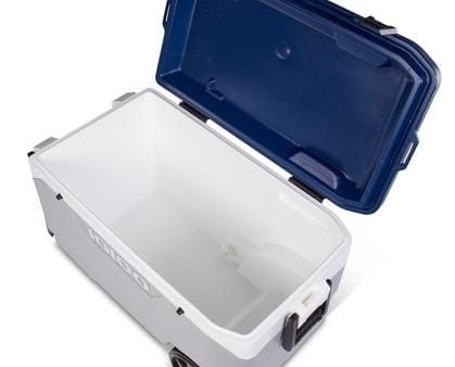 Igloo Maxcold Roller Cooler 90 Qt, with folding handle wheels in ash gray and blue, easy to transport - 450603 Online