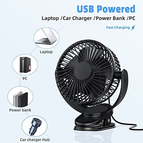 ATEngeus USB Fan, Rechargeable Portable Fan, Clip on Fan, Battery Operated Fan, 3 Speeds, 5000mAh USB Desk Fan, 720°Rotation, Sturdy Clamp for home, Camping, Treadmill and car Fashion