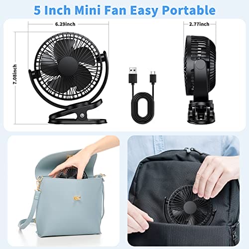 ATEngeus USB Fan, Rechargeable Portable Fan, Clip on Fan, Battery Operated Fan, 3 Speeds, 5000mAh USB Desk Fan, 720°Rotation, Sturdy Clamp for home, Camping, Treadmill and car Fashion